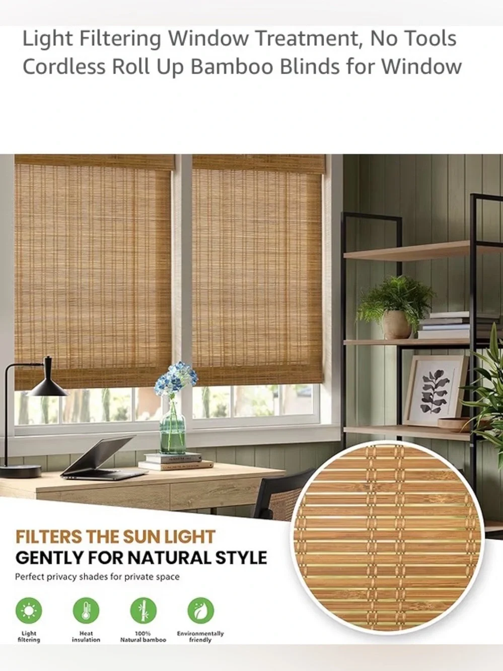 LIKE NEW LazBlinds Bamboo Roman Shade color: Ceylon Light Russet 27” x 64”